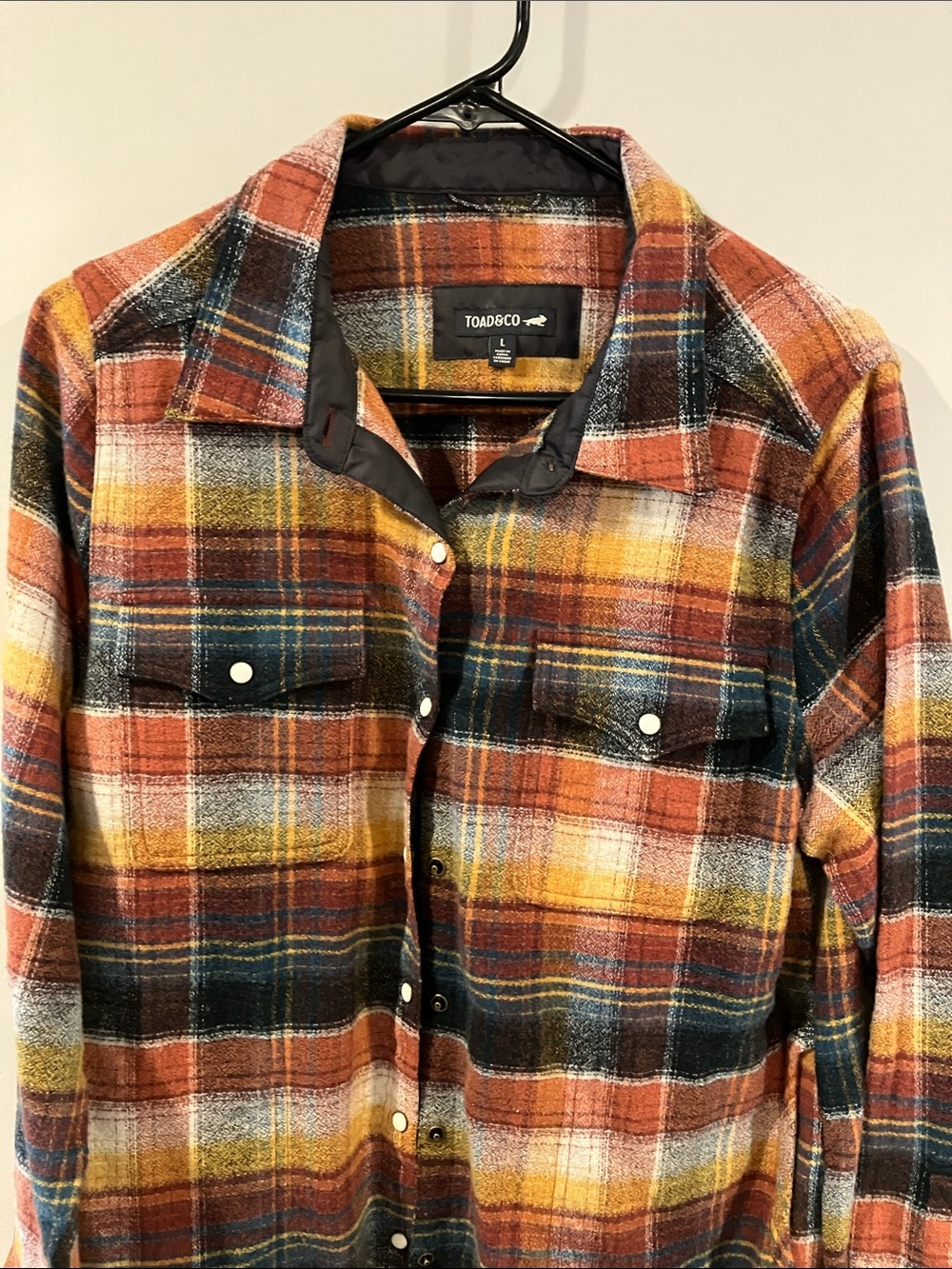Toad&Co Plaid Button-Down Shirt Jacket in Rust, Yellow & Navy - Picture 2 of 5